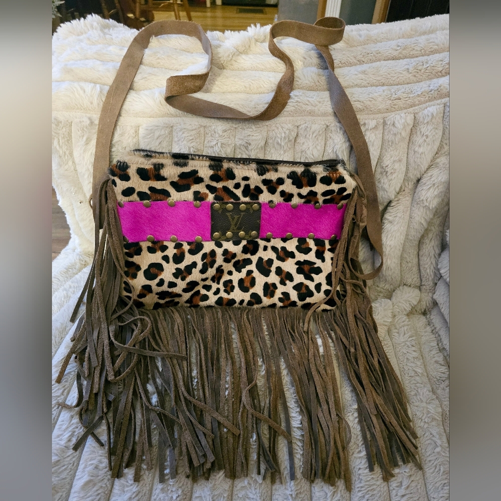 Leopard Fringe Upcycle Louis Vuitton Crossbody